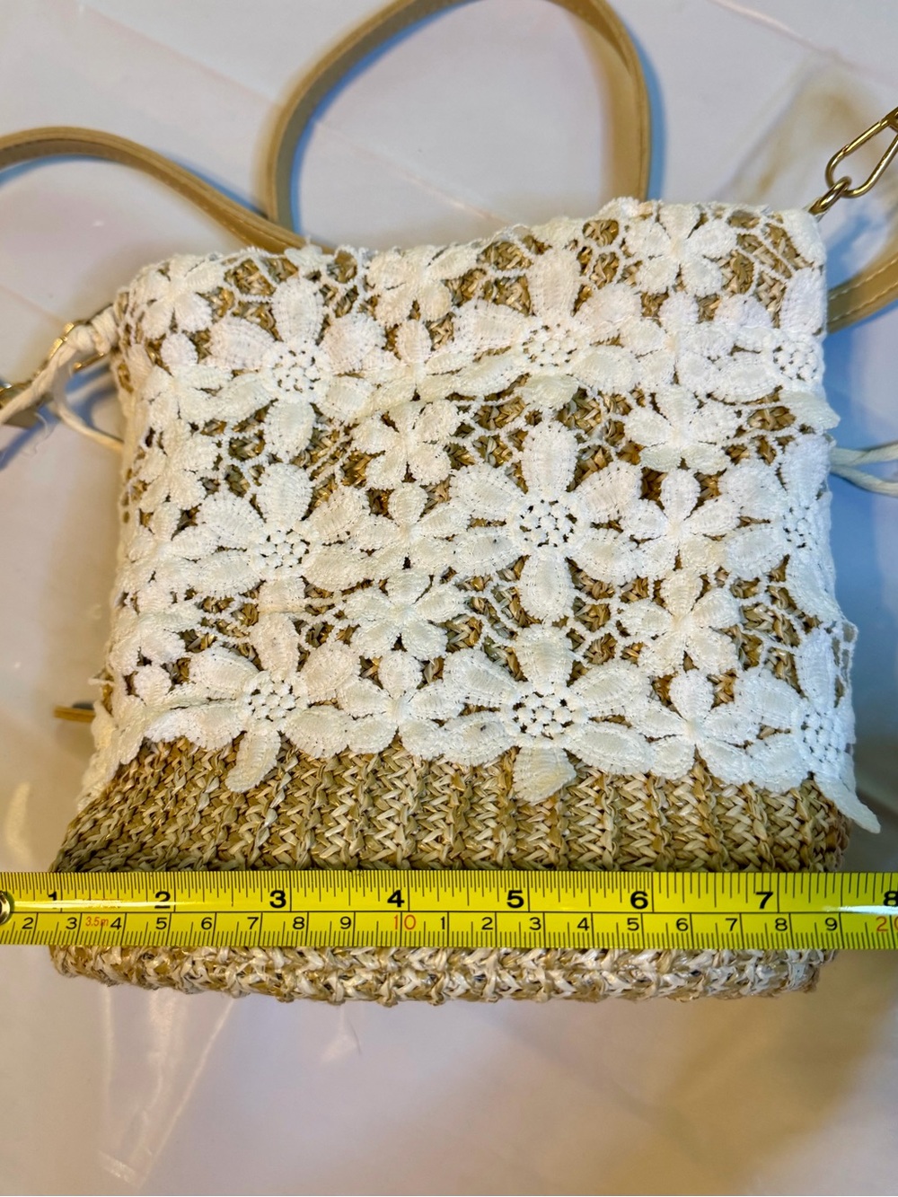 White Crochet Lace Straw Crossbody Bag with Tan Strap - Picture 7 of 8
